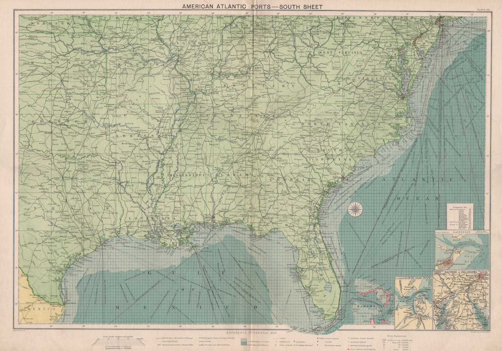 US Atlantic & Gulf Coast Ports sea chart lighthouses mail routes LARGE 1918 map